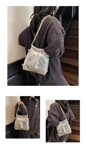 Three-panel view of silver quilted chain bag worn by model on stairs
