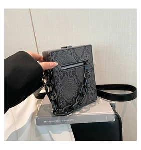 Detail of gray snakeskin texture small square bag with chunky black chain handle