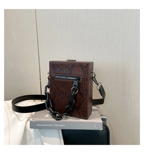 Detail of faux snake skin texture and metal chain on a retro box crossbody bag