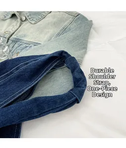 Detail view of durable one-piece denim shoulder strap with high-quality white stitching