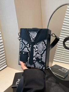 Mens vintage box crossbody bag with black white snake print and suit tie design