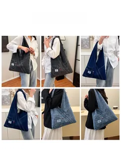 Three washed denim tote bags in black and blue shown from multiple model perspectives