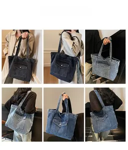 Collage of model carrying vintage washed denim tote bags in black and blue shades