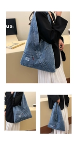 Detail view showing the side pocket with rainbow label on blue denim tote bag