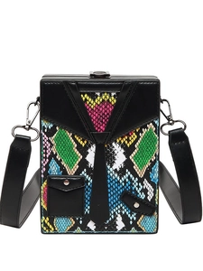 Multicolor snakeskin pattern hard box shoulder bag with creative tuxedo necktie design