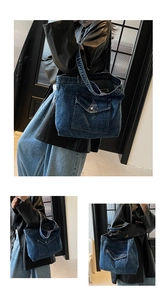 Detail of vintage navy denim tote bag featuring utility pockets and metallic buttons