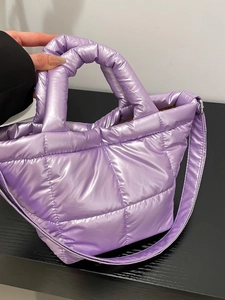 Women Quilted Puffer Shoulder Bag Large Capacity Metallic Gloss Oxford Cloth Tote Bag Fashion Padded Underarm Bag Casual Handbag