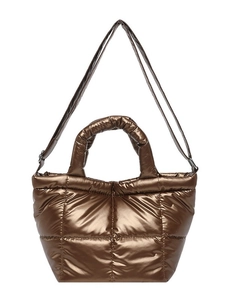 Quilted down cotton tote bag in metallic bronze with adjustable shoulder straps