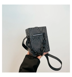 Close-up of gray snake pattern crossbody bag with chunky chain and leather strap
