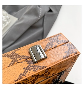 Detailed macro view of snake pattern texture and gunmetal clasp on small crossbody bag
