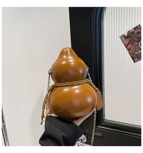 Brown PU leather gourd shaped shoulder bag held by a model featuring woven rope detail