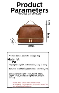 Detailed size chart for the large capacity vintage brown PU leather toiletry bag