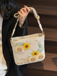 American Pastoral Women PU Shoulder Bag With 3D Sunflower Daisy Embroidery Wide Ethnic Strap Large Capacity Bucket Bag