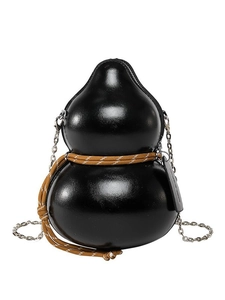 Black gourd-shaped crossbody bag in glossy leather with decorative brown rope and silver chain