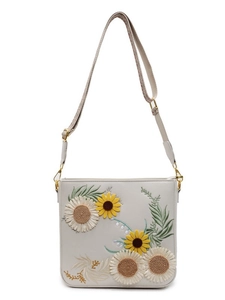 Chic cream crossbody bag with floral sunflower embroidery and adjustable strap
