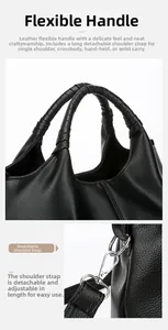 Detail of black lychee leather handbag straps and adjustable silver metal buckle hook