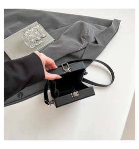 Internal view of open black textured box bag showing interior space and silver metal buckle
