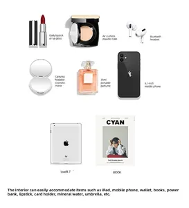 Detail view of inside capacity showing smartphone, tablet, and cosmetics in organized layout