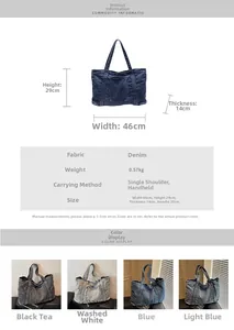 Detailed size guide for denim tote bag showing dimensions 46x29x14cm and color options
