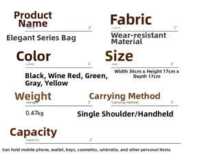 Detailed chart showing vintage tote bag dimensions of 36x17x17cm and storage capacity
