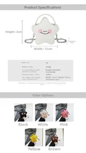 Detailed dimensions and color chart for star-shaped mini crossbody bag with chain strap