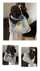 Detail shots of large light blue denim tote bag showing back view and side profile