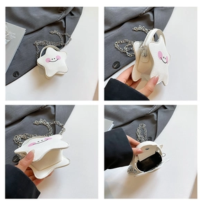 Detail shots of a white star-shaped mini crossbody bag with a smiling face and silver chain