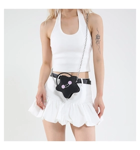 Star-shaped black crossbody bag with pink smiley face print and silver chain strap