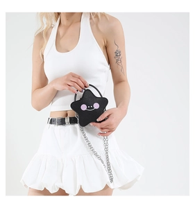 Mini star-shaped crossbody bag with pink face smiley pattern and silver metal chain