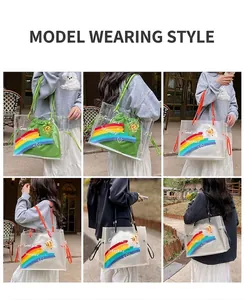 Detail view of transparent PVC tote bag with rainbow print and colorful canvas inner pouch
