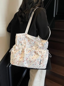 Floral print tote bag with drawstring front pockets and large capacity for women