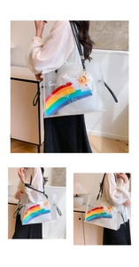 Close-up of semi-transparent beach tote bag with rainbow print and inner pouch