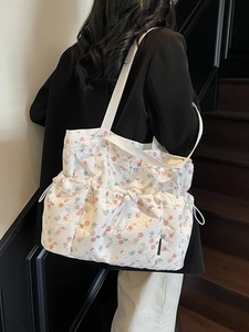 Floral canvas tote bag with drawstring closure and large capacity for summer daily use