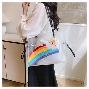 Detail view of transparent rainbow tote bag with Good Luck print and inner pouch