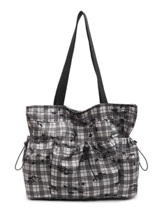 Floral black and white checkered tote bag with large capacity and side drawstring pockets