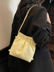 Women Quilted Rhombus Chain Shoulder Bag Soft PU Leather Drawstring Bucket Crossbody Bag Fashion Commute Elegant Handbag