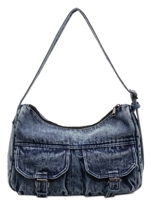 Vintage blue washed denim shoulder bag with multiple front pockets and metal buckles