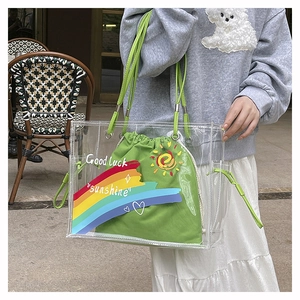 Detail of transparent PVC beach tote with rainbow pattern and green canvas inner pouch