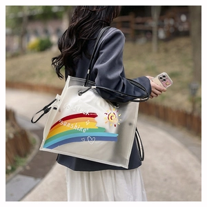 Detail of transparent PVC beach tote with white canvas insert featuring rainbow graphics