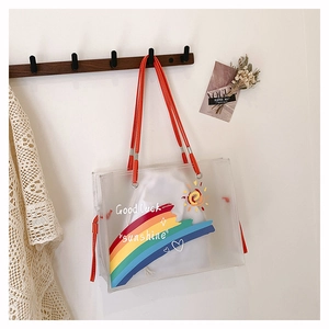 Detail of transparent PVC beach bag with rainbow print and removable inner cotton pouch