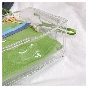 Detailed close-up of transparent PVC tote with vibrant green canvas inner pouch and prints