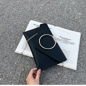 Détail de la pochette enveloppe noire avec poignée ronde dorée et bandoulière