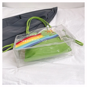 Detail of transparent PVC beach bag with green inner pouch and rainbow sunshine prints