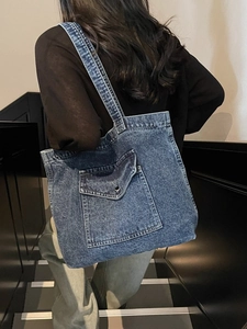 Vintage denim tote bag for women with large capacity and functional front pocket