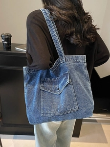 Retro washed denim tote bag with large capacity and vintage metal button pocket