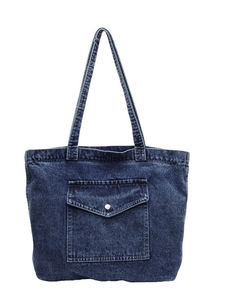 Vintage dark blue denim tote bag with silver metal buckle pocket and spacious interior