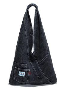 Retro washed denim hobo bag in dark grey with white contrast stitching and tie-up handle