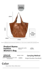 Detailed size chart and specifications for large retro brown leather tote bag with handles