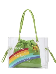 Transparent PVC tote bag with green drawstring canvas inner bag and rainbow print