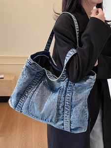 Retro washed denim tote bag for women with large capacity and acid blue finish